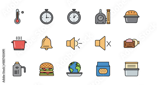 A vibrant collection of cooking related icons. Ideal for illustrating recipes, food blogs, or kitchen related content with a flat design aesthetic.