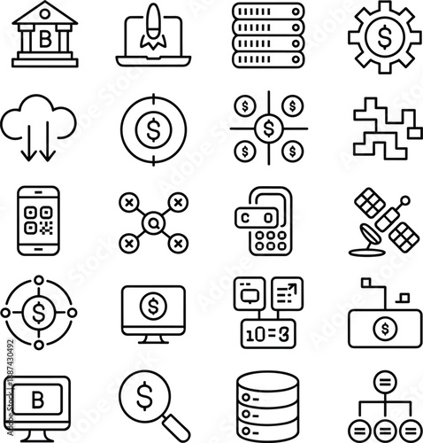 Modern financial technology line icons set featuring banking, blockchain, cloud computing, digital payments, data security, cryptocurrency, analytics, fintech solutions, investment management, and 