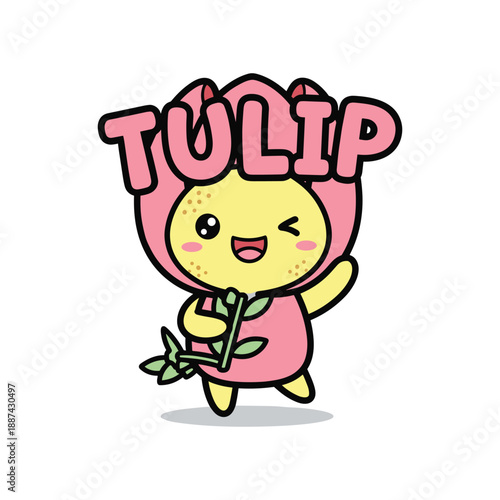 Cute cartoon character dressed as tulip flower holding tulip