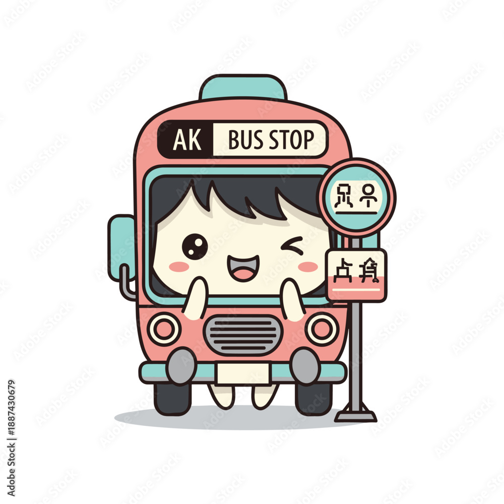 Fototapeta premium Cartoon bus with character and bus stop sign