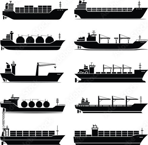 Set of cargo ship silhouettes showing different commercial vessel types including container ships, tanker ships, bulk carriers, and industrial maritime transportation icons vector