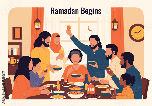 A warmly lit illustration of a family breaking their fast during Ramadan. Ideal for editorial content about cultural traditions, faith, and togetherne
