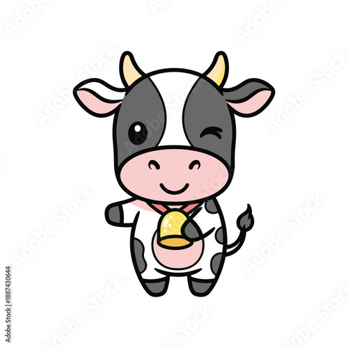Happy cartoon cow with bell around neck