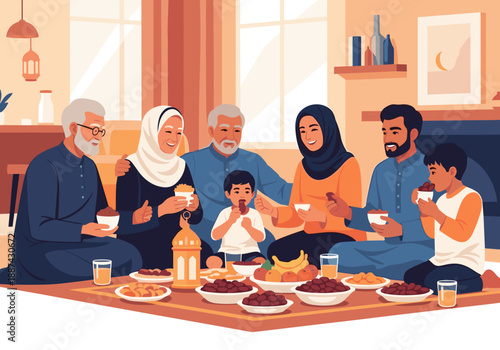 A heartwarming illustration of a multigenerational family enjoying a meal together. Perfect for representing togetherness, tradition, and cultural cel