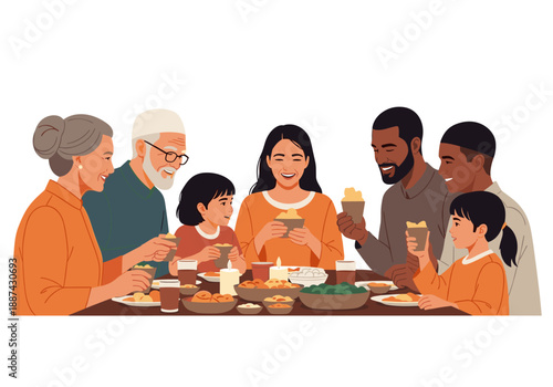 A heartwarming illustration of a multigenerational family enjoying a meal together. Perfect for representing family values, togetherness, and joyful c