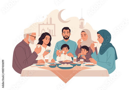 A warm illustration depicting a multi-generational family sharing a meal together. Ideal for conveying themes of togetherness, tradition, and cultural