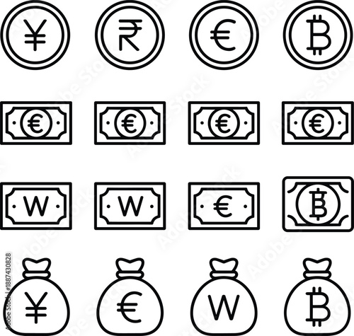 Set of global currency and cryptocurrency icons including yen rupee euro bitcoin wallets and money symbols in clean outline style vector illustration