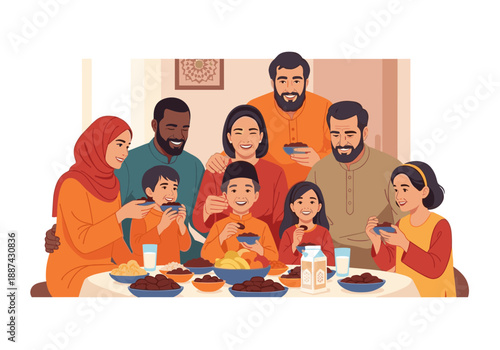 A warm illustration of a family enjoying a meal, conveying togetherness and celebration. Ideal for themes of family, cultural traditions, and joyful m