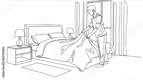High-Quality Continuous Line Icon of Person Preparing Bedroom for Restful Sleep
