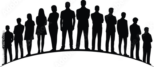 Silhouette of diverse business people standing together in unity, teamwork, and leadership concept, representing corporate community, collaboration, diversity, and professional success on white