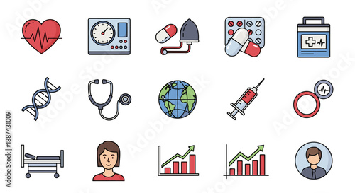 A colorful set of medical icons depicting healthcare elements. Ideal for illustrating articles, websites, or apps related to health, medicine, and wel