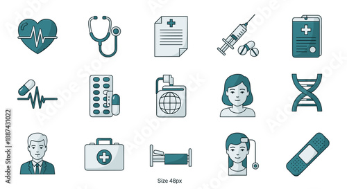 A collection of flat design medical icons, symbolizing health, treatment, and patient care. Ideal for websites, healthcare marketing, and informationa