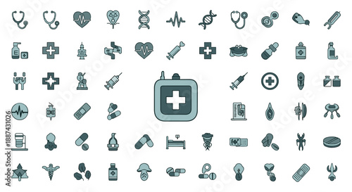 A collection of outlined medical icons in a muted blue tone, perfect for illustrating health-related content, websites, or marketing materials. Commun