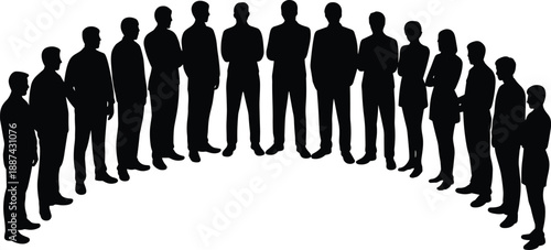 Silhouettes of diverse business people standing together in a semi circle, symbolizing teamwork, corporate unity, leadership, collaboration, professional group, and organizational diversity on white