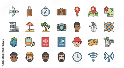 A colorful, flat illustration of travel icons evokes a sense of adventure and wanderlust. Ideal for use in travel blogs, websites, or promotional mate