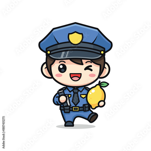 Cartoon police officer holding lemon and walking