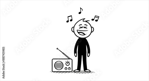 Delighted Stick Figure Sings Along to Radio Tunes in a Simple Illustration