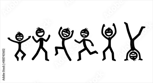 Set of energetic stick figures expressing happiness and active joy in diverse, playful poses