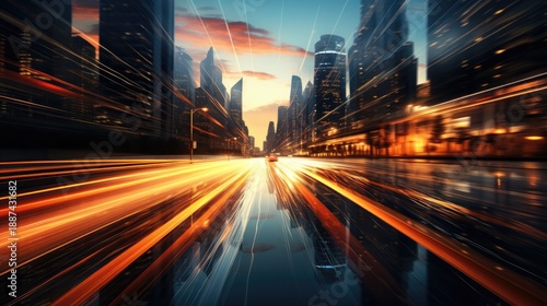 light trails and reflections on night city of newyork