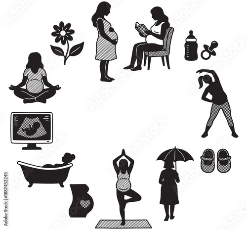 A comprehensive illustration of pregnancy journey and maternal well-being, featuring various activities and symbols related to expectant mothers and prenatal care.