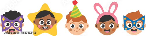 Cute cartoon kids faces wearing party hats and masks, colorful children avatars set, playful illustration, isolated white background