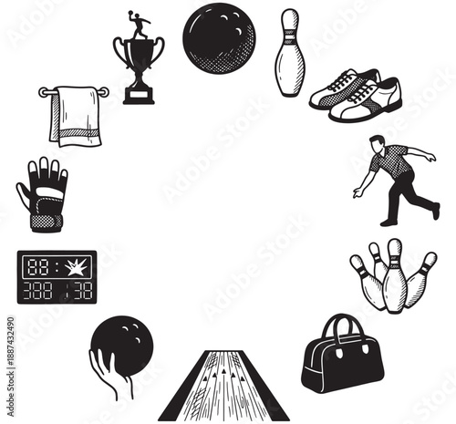 A circular arrangement of various bowling equipment and related elements in a black and white illustration, showcasing the sport's gear and action.