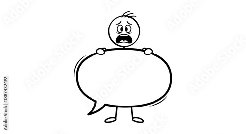 Anxious stick figure holding a large empty speech bubble, symbolizing communication fear or creative block