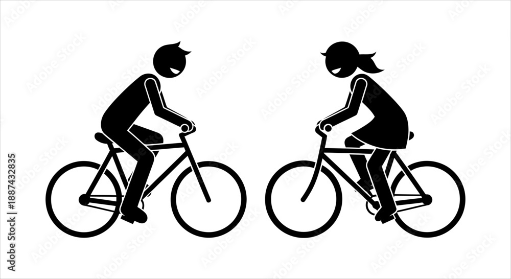 Obraz premium Minimalist black silhouettes of a man and a woman on bicycles, illustrating healthy outdoor activity and shared recreation