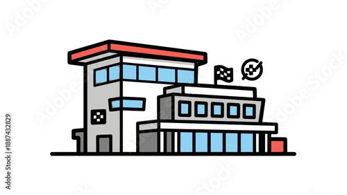 Modern Race Track Building with Checkered Flag and Target Symbol