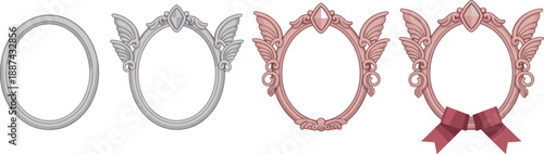 Elegant oval decorative frames set with wings ribbon and ornaments isolated on white background fantasy vintage border illustration
