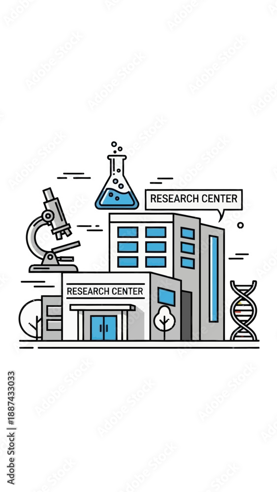Fototapeta premium Research Center Building with Scientific Icons