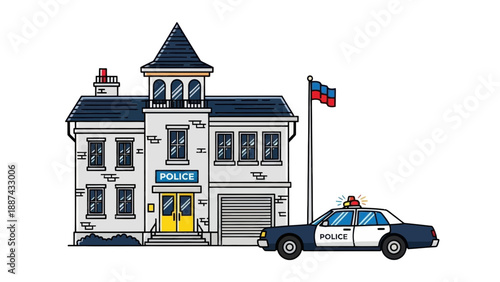 Police Station with Patrol Car and Flag