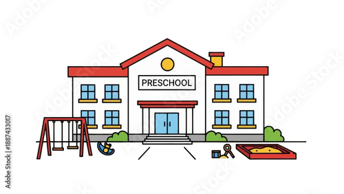 Preschool Building With Playground and Sandbox
