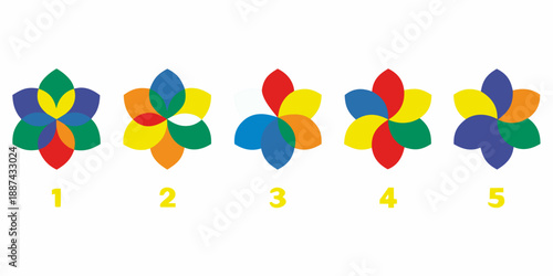 A sequence of five flower like shapes with colorful overlapping petals