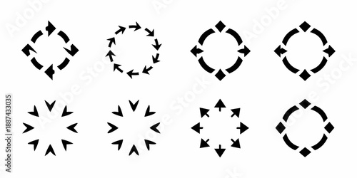 Black circular arrow designs showcasing rotation and cyclical processes in a grid