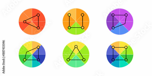 Colorful circular diagrams with interconnected nodes and varying geometric shapes