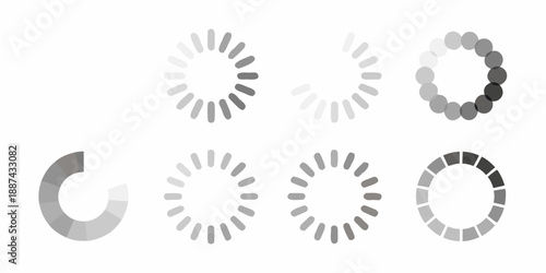Various grayscale loading spinners and progress indicators displayed in a row