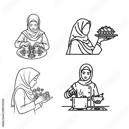 Line art illustrations of muslim woman cooking and preparing food
