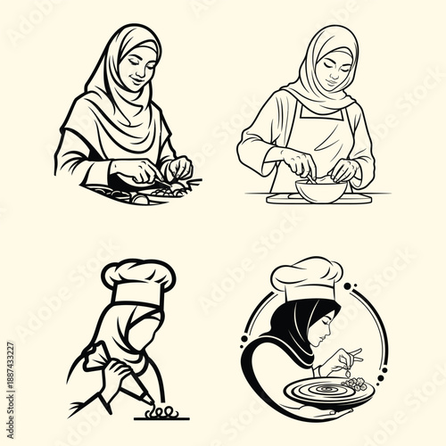 Muslim woman chef and baker culinary activities line art illustration