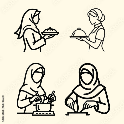 Line art illustrations of muslim woman cooking and preparing food