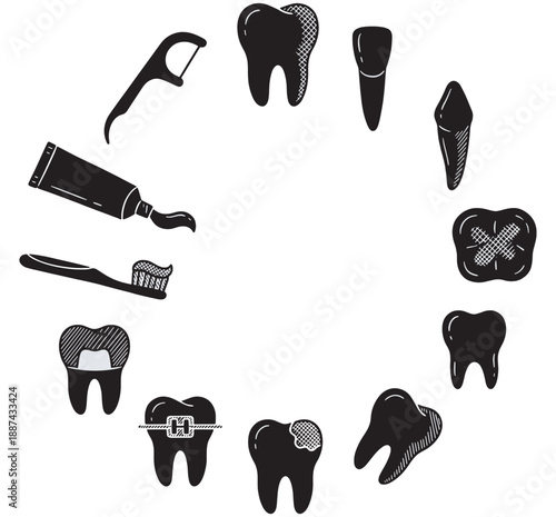 A circular arrangement of dental hygiene tools and various tooth conditions, including healthy teeth, decay, braces, and fillings, in a black and white doodle style.