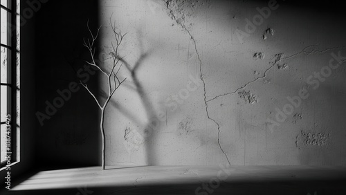 Minimalist Bare Branch Casting Dramatic Shadow On Textured Wall