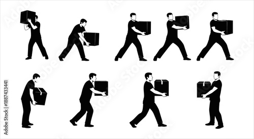 Man carrying a box set Diverse poses of a person holding and moving packages
