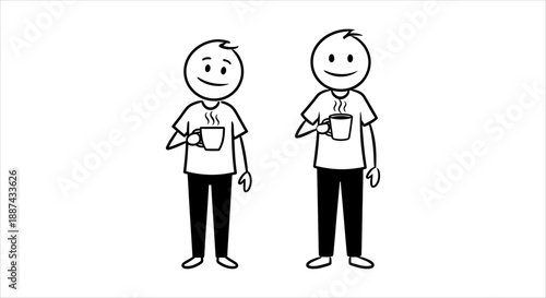 Two stick figures holding mugs of coffee, one slightly taller than the other