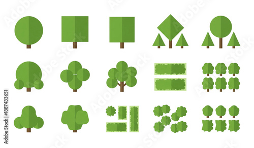 Minimal top-view trees and bushes vector icon set isolated on transparent background