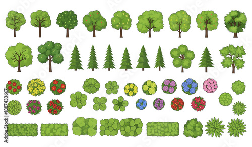 Top-view garden and landscape trees and bushes vector collection isolated on transparent background