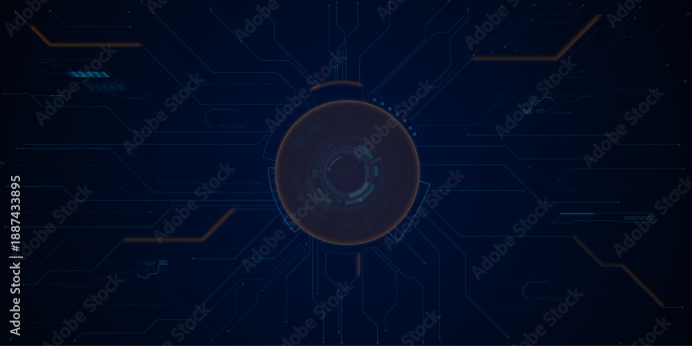 Fototapeta premium Technology science concept banner., Glowing AI circuit portal with neon HUD elements and digital tech lines spreading across futuristic background.