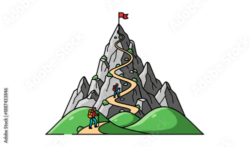 Cartoon mountain peak route vector illustration with red flag isolated on transparent background