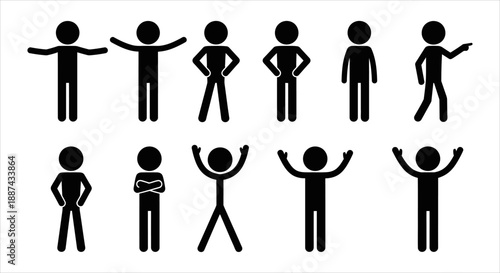 Set of diverse stick figure poses in black and white