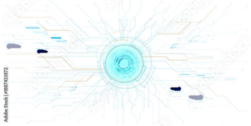 Technology science concept banner., Glowing AI circuit portal with neon HUD elements and digital tech lines spreading across futuristic background.